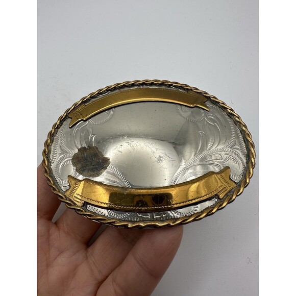 German Silver Other - Vintage Western Cowboy Ornate Belt Buckle German Silver 2 Tone Oval
